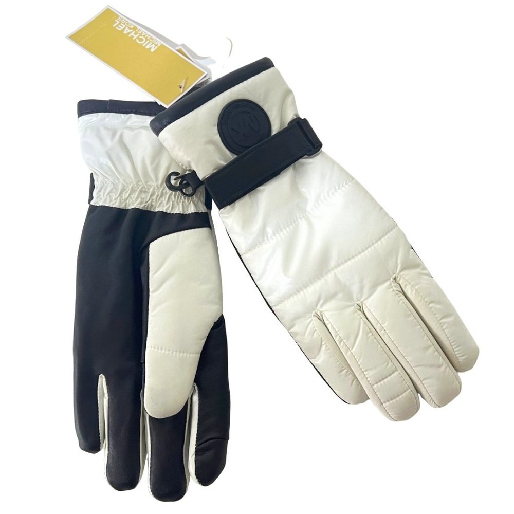 Michael Kors Quilted Black & White Leather Palm Touch Gloves with MK Logo. Sz S